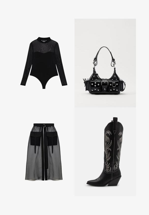 Even&Odd Hosszú ujjú felső - black; Fekete áttetsző szoknya ráncolt derékrésszel, két nagy elülső zsebbel, derékpánttal és kör alakú fém díszítéssel.; Fekete bőr cowboy csizmák hegyes orral, wedge sarkakkal és ezüst hímzett virágmintákkal a szár mentén. Kontraszt varrás az egész csizmán.; Fekete bőr kézitáska ívelt designnal, ezüst szegecsekkel, csattal és két oldalsó zsebbel. Állítható vállpánt a hordozási lehetőségekhez.