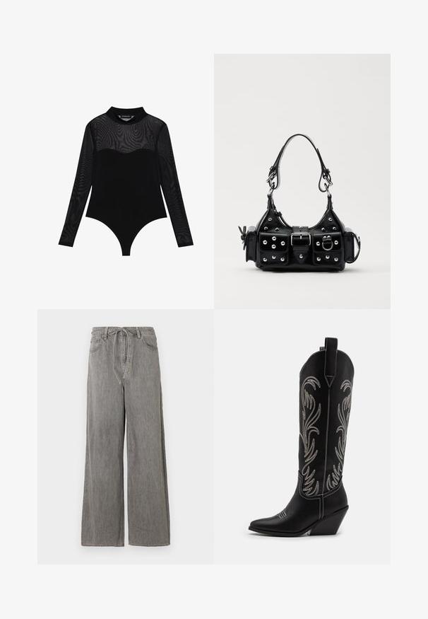 Even&Odd Långärmad tröja - black; Breda grå denimbyxor med hög midja, som har dragsko, två framfickor och subtila sömnadsdetaljer.; Svarta lädercowboystövlar med spetsiga tår, kilklackar och silverbroderade blommönster längs skaftet. Kontraststickning genom hela stöveln.; Svart läderhandväska med en kurvad design, prydd med silverfärgade nitar, ett spänne och två sidofickor. Justerbar rem för olika bäralternativ.