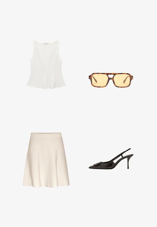 Top bianco senza maniche con scollatura tonda, caratterizzato da una forma svasata e una texture morbida, realizzato in tessuto leggero. Design semplice senza stampe.; Una gonna svasata beige realizzata in tessuto morbido con una texture liscia, caratterizzata da una cintura ampia e un orlo al ginocchio.; Scarpa slingback in pelle verniciata nera con punta appuntita, design minimalista, piccolo dettaglio rotondo sulla tomaia e tacco sottile.; Occhiali da sole tartarugati con lenti giallo-tinte, forma rettangolare e caratteristico taglio del ponte. Le aste testurizzate completano il design.; Borsa di pelle scamosciata marrone con una forma strutturata, hardware in tonalità argento, due manici per la spalla e un portachiavi decorativo attaccato.