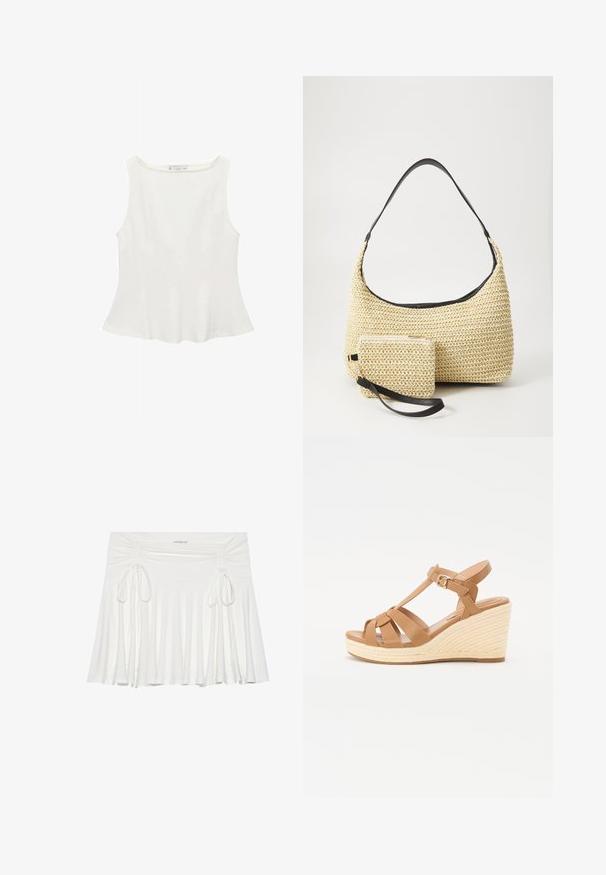 Bijela bez rukava majica s okruglim izrezom, blago šireg kroja i glatke teksture, izrađena od lagane tkanine. Jednostavan dizajn bez uzoraka.; Bijela lepršava suknja od mekog materijala, s naboranim bočnim detaljima i podesivim vezicama, koja stvara fluidnu siluetu.; Smeđe platforme na petu s ukriženim trakama, podesivom kopčom oko gležnja i teksturiranom, tkanom espadril stilom na peti.; Tkana torba od slame s zakrivljenom siluetom, koja sadrži glatku crnu kožnu naramenicu i odgovarajući mali neseser koji je pričvršćen narukvicom.