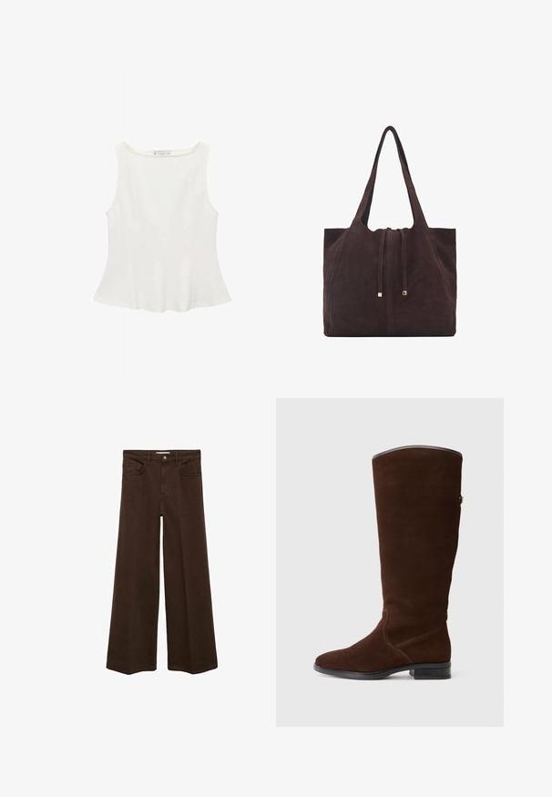 White sleeveless top with a round neckline, featuring a flared shape and smooth texture, made of lightweight fabric. Simple design with no prints.; Brown wide-leg jeans with four pockets, button closure, and belt loops. The fabric has a smooth texture and a solid color without patterns.; Brown suede knee-high boot with a rounded toe, subtle stitching details, and a low block heel. Smooth lining at the upper edge.; Mango Tote bag - dark brown