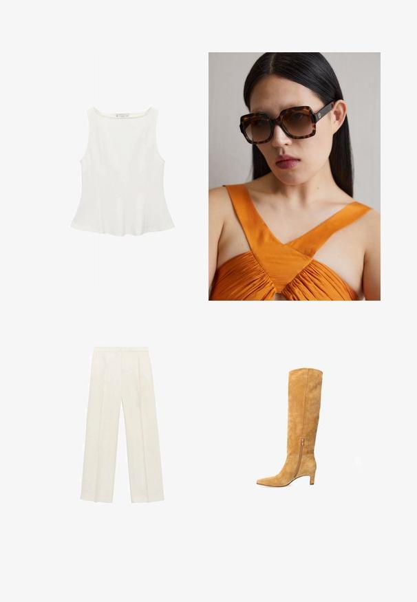 Top bianco senza maniche con scollatura tonda, caratterizzato da una forma svasata e una texture morbida, realizzato in tessuto leggero. Design semplice senza stampe.; Pantaloni a gamba larga di un leggero colore crema. Realizzati in un tessuto morbido con pieghe sul davanti e tasche laterali.; Stivale alto in suede di colore marrone chiaro. Presenta una punta affilata, chiusura con zip sul lato e un tacco basso per stabilità.; Occhiali da sole oversize in tartaruga marrone con una ampia montatura rettangolare e lenti sfumate. Dettaglio del logo in oro sul lato.; Borsa in pelle beige con una forma unica, caratterizzata da due manici corti e una lunga tracolla regolabile. Texture liscia con hardware minimale.