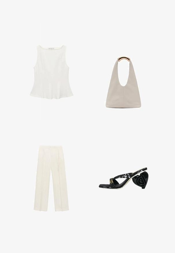 White sleeveless top with a round neckline, featuring a flared shape and smooth texture, made of lightweight fabric. Simple design with no prints.; Wide-legged trousers in a light cream color. Made from a smooth fabric with pleats at the front and side pockets.; Black flip-flop with cross straps, patterned upper, and a sculptural black heart-shaped heel featuring a logo detail.; Light gray leather bag with a U-shaped design and a curved metallic handle. Smooth texture with minimal stitching and no visible patterns.