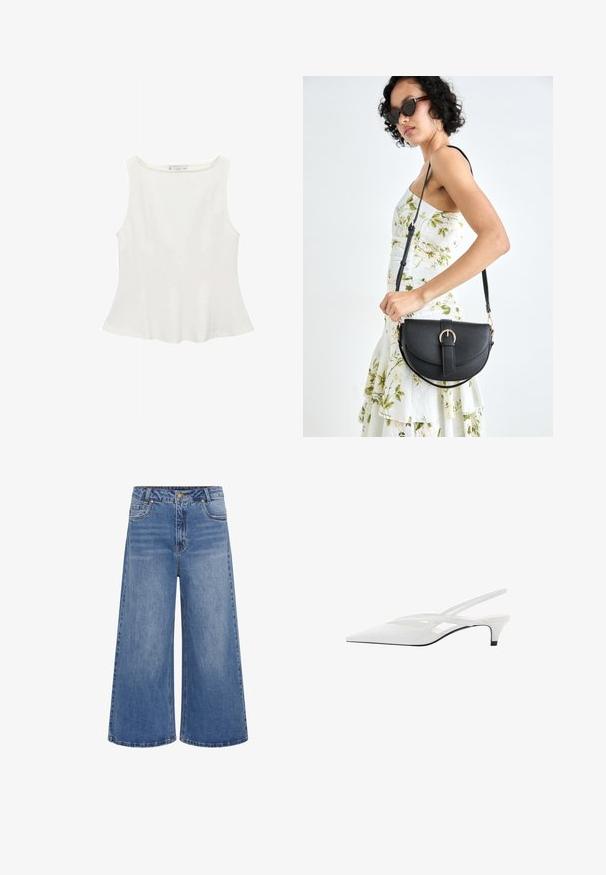 Bijela bez rukava majica s okruglim izrezom, blago šireg kroja i glatke teksture, izrađena od lagane tkanine. Jednostavan dizajn bez uzoraka.; Široke plave traperice s visokim strukom, s kopčanjem na gumb, pet džepova i suptilnim izblijedjenjem. Šivani rub s klasičnim dizajnom.; Bijela slingback potpetica s oštrom punta, koja ima glatki gornji dio, suptilne izreze i nisku blok potpeticu. Crna potplata naglašava dizajn.; Crna kožna torba s lukovitim oblikom, odvojivim remenom i zlatnim detaljima. Torba ima preklop s kopčom.