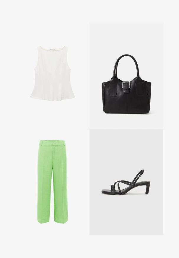 Biela bezrukávová blúzka s okrúhlym výstrihom, s rozšíreným strihom a hladkou textúrou, vyrobená z ľahkej látky. Jednoduchý dizajn bez potlače.; Zelené široké nohavice vyrobené z textúrovanej látky, s rovnými nohavicami, plochým pasekom a bez viditeľných zapínaní alebo vreciek.; Čierne sandále na vysokom podpätku so štvorcovou špičkou a nízkym blokovým podpätkom. Obsahujú viacero tenkých popruhov a nastaviteľný členkový popruh. Vyrobené z hladkej kože.; Čierna kožená taška s hladkou textúrou, štruktúrovaným tvarom, dvoma uchami a výrazným strieborným prackovým detailom na prednej strane.