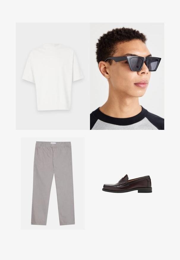 White short-sleeve t-shirt made of soft fabric. Round neckline, relaxed fit, and simple design without embellishments or patterns.; Light gray cotton pants with an elastic waistband, two side pockets, straight leg design, and a smooth texture. Simple stitching detail.; Brown leather loafers with a rounded toe, decorative stitching on the front, and a flat rubber sole for support and durability.; Black angular sunglasses with dark lenses, featuring a bold geometric design and a matte finish. Worn by a person with short hair.