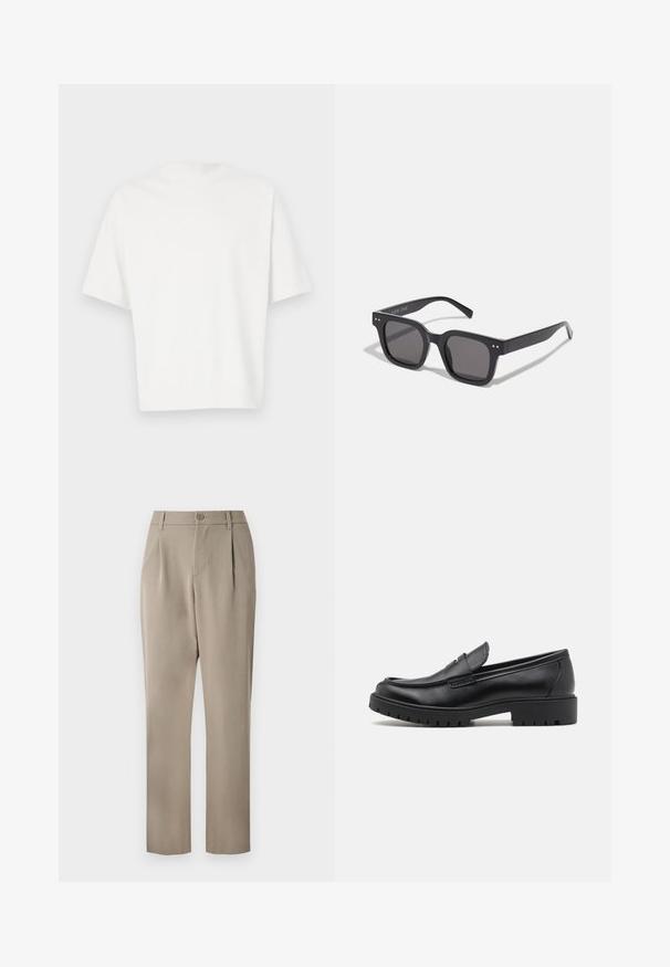 Hvid kortærmet t-shirt lavet af blødt stof. Rund halsudskæring, afslappet pasform og enkelt design uden udsmykninger eller mønstre.; Khaki bukser med lige ben, der har en knaplukning og plisseret foran. Fremstillet af glat stof med mat finish.; Sorte læder loafers med rund tå, slip-on design og tyk gummisål med tekstureret greb. Forhøjet hæl og subtile syninger.; Sorte rektangulære solbriller med mørke linser, der har en tyk ramme, subtile detaljer på siderne og uden synlige logoer udover mærkenavnet.; Casio kvarts armbåndsur med en sort skive, sølvfarvet rustfrit stål armrem, store hvide og røde tal, samt vandtæt op til 200 m.