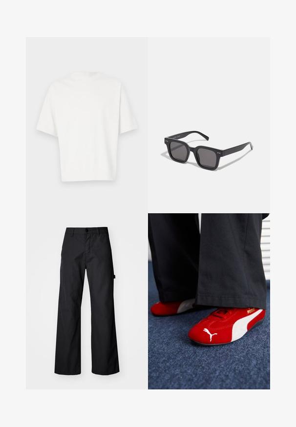 Witte t-shirt met korte mouwen, gemaakt van zachte stof. Ronde halslijn, relaxte pasvorm en een eenvoudig ontwerp zonder versieringen of patronen.; Zwarte, wijde broek gemaakt van duurzaam materiaal. Voorzien van een knoopsluiting en zijzakken. Glad textuur met een strakke uitstraling.; Rode suède sneakers met witte accenten, met een textuurmateriaal, ronde neus en een gouden logo aan de zijkant, gedragen met zwarte broek.; Zwarte rechthoekige zonnebril met donkere lenzen, voorzien van een dik montuur, subtiele accenten aan de zijkanten en zonder zichtbare logo's behalve de merknaam.; Zilveren roestvrijstalen quartzhorloge met een zwart rechthoekig uurwerk, voorzien van analoge wijzers, digitale weergave en het label voor waterbestendigheid.; Vijf zilveren ringen: één met een zwart ronde detail, één met een wit en zwart geometrisch patroon, en de andere met verschillende vormen en afwerkingen.