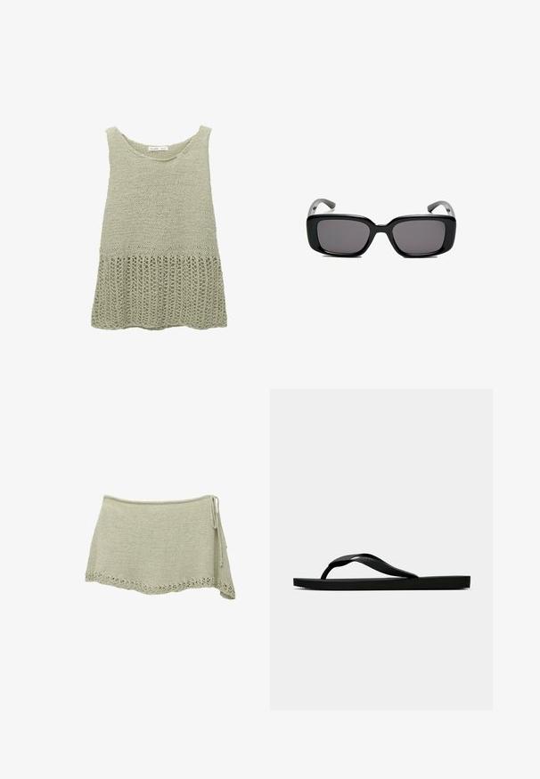 Knit top in pale green with a scoop neckline. Features a textured upper section and a loose, open weave bottom hem.; Knit skirt in light green with a scalloped lace hem, adjustable tie at the side, and a textured fabric.; Black rubber flip-flop sandal with a textured thong strap and simple flat sole, shown from side on a plain light background.; Black rectangular sunglasses with dark lenses, smooth plastic frame, and curved temples. The design is chunky with a minimalist aesthetic.; Black leather handbag with braided handles, zipper pocket, and hanging tassels. Textured surface with metal studs and hardware accents.