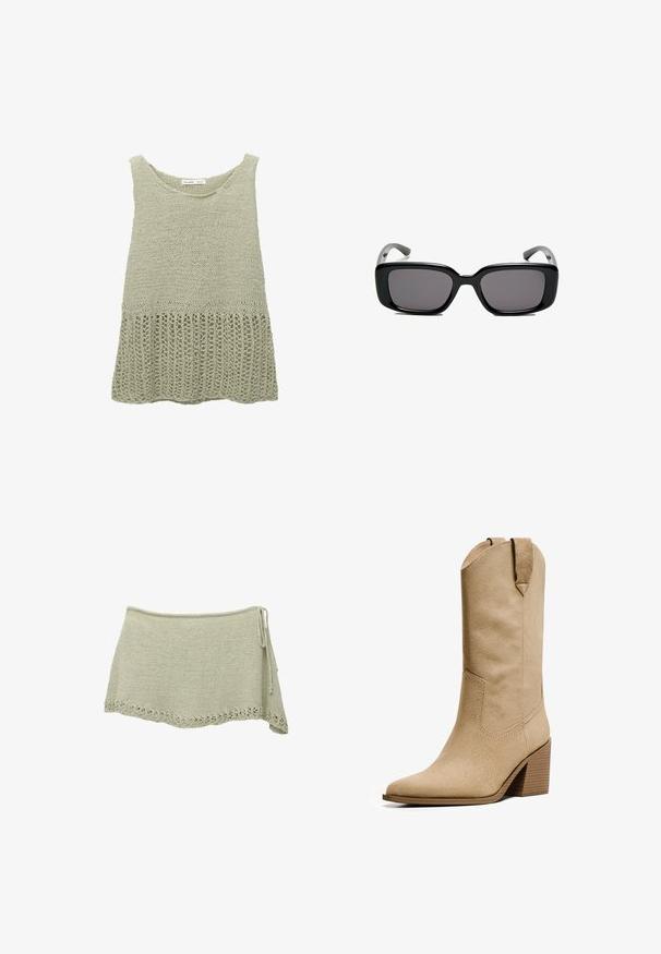 Strickoberteil in blassgrün mit Rundhalsausschnitt. Hat einen strukturierten oberen Bereich und einen lockeren, offenen Saum.; Strickrock in Hellgrün mit gewelltem Spitzenrand, verstellbarem Knoten an der Seite und einem texturierten Stoff.; Bershka HIGH-HEEL - Cowboy-/Bikerboot - beige; Schwarze rechteckige Sonnenbrille mit dunklen Gläsern, glattem Kunststoffrahmen und gebogenen Bügeln. Das Design ist klobig mit einer minimalistischen Ästhetik.