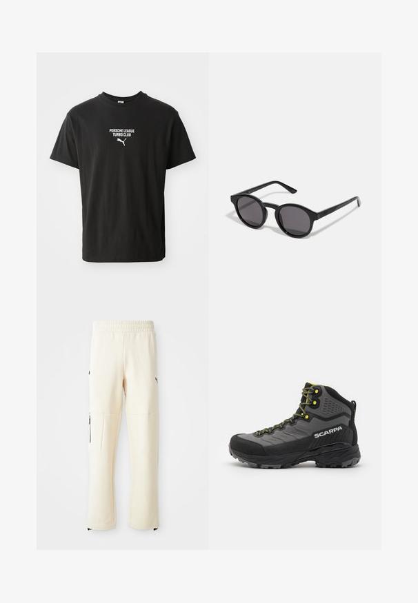 Črna bombažna majica s krojnim ovratnikom, ki vključuje bele natisnjene besede "PORSCHE LEAGUE TURBO CLUB" ter majhen logotip Puma spodaj.; Svetlo bež hlače za prosti čas iz mehkega materiala. Imajo črn logotip, stranske žepe z zadrgo in sproščen kroj.; Črne in sive pohodne čevlje z teksturirano tkanino, svetlo rumenimi akcenti, ojačanim prstnim delom in gumijastim podplatom z globokimi žlebovi za oprijem.; Črne sončna očala z okroglim, rahlo valovitim okvirjem, temnimi lečami in ravnimi črnimi ročaji. Gladka, sijajna površina brez vidnih vzorcev.