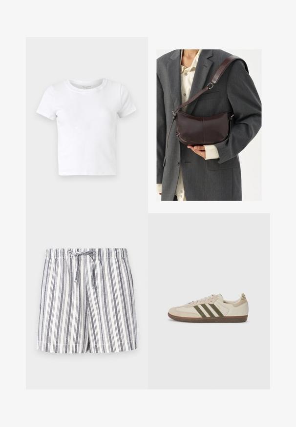 White cotton short-sleeve t-shirt with a round neckline, smooth texture, and a fitted design. No patterns or visible hardware.; Striped shorts in white and navy, featuring a drawstring waist, a relaxed fit, and a soft, lightweight fabric. Smooth texture and casual design.; adidas Originals SAMBA OG UNISEX - Trainers - alumina/medium dark khaki/gum; Brown leather shoulder bag with a curved design, featuring a detachable strap, smooth texture, and visible stitching details.