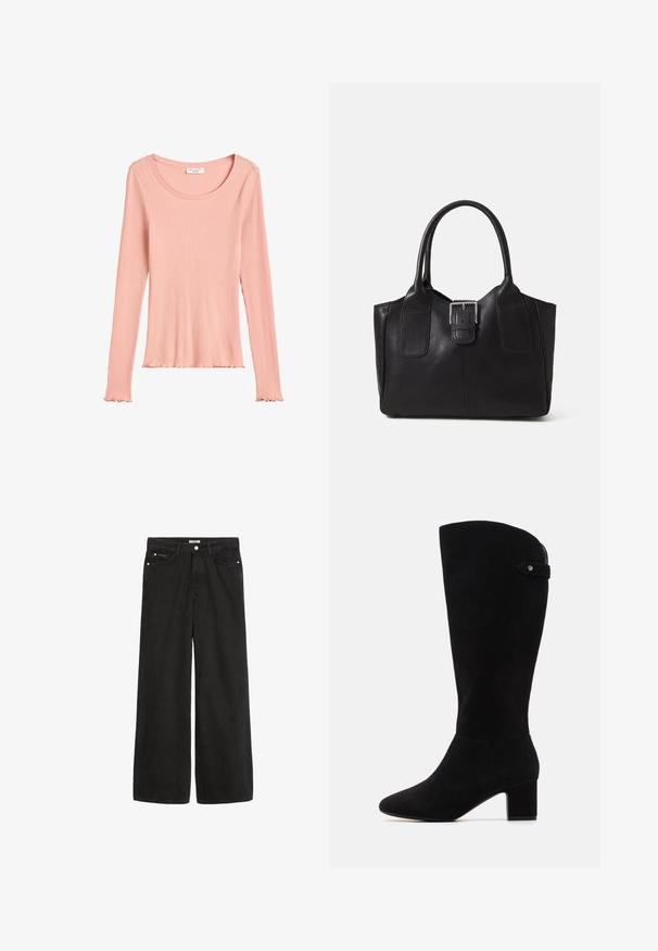 Light pink ribbed long-sleeve top with a rounded neckline and scalloped hem. Fabric is smooth with fine texture, featuring fitted sleeves.; Wide-leg black denim jeans with a high waist. Features five pockets, metal hardware, and a clean finish. The texture is smooth and soft.; Black suede knee-high boots with a pointed toe and block heel. Features a smooth texture and a simple design, with a side strap accent.; Black leather tote bag with smooth texture, structured shape, two handles, and a prominent silver buckle detail on the front.