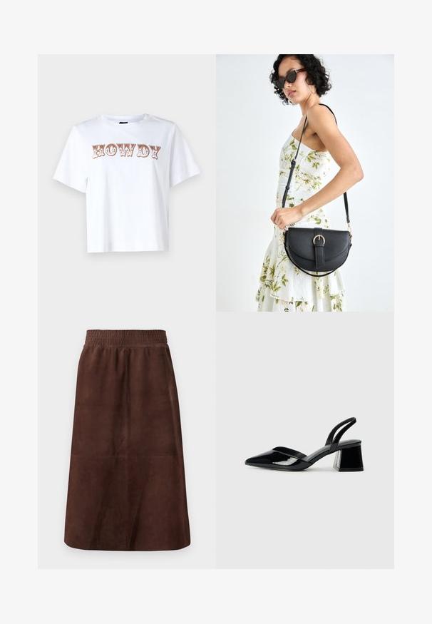 Tricou alb din bumbac, cu mâneci scurte și guler rotund, având inscripția "HOWDY" în litere stilizate de culoare marron pe partea din față.; Fustă din suede maro, cu talie elastică, formă în A, textură netedă și fără modele sau accesorii vizibile.; Pantofi cu toc slingback din piele lacuită neagră, cu vârf ascuțit și toc geometric. Prezintă un design elegant, minimalist și o textură netedă.; Geantă din piele neagră, cu o formă curbată, curea detașabilă și accesorii aurii. Geanta are un capac cu un detaliu tip cataramă.