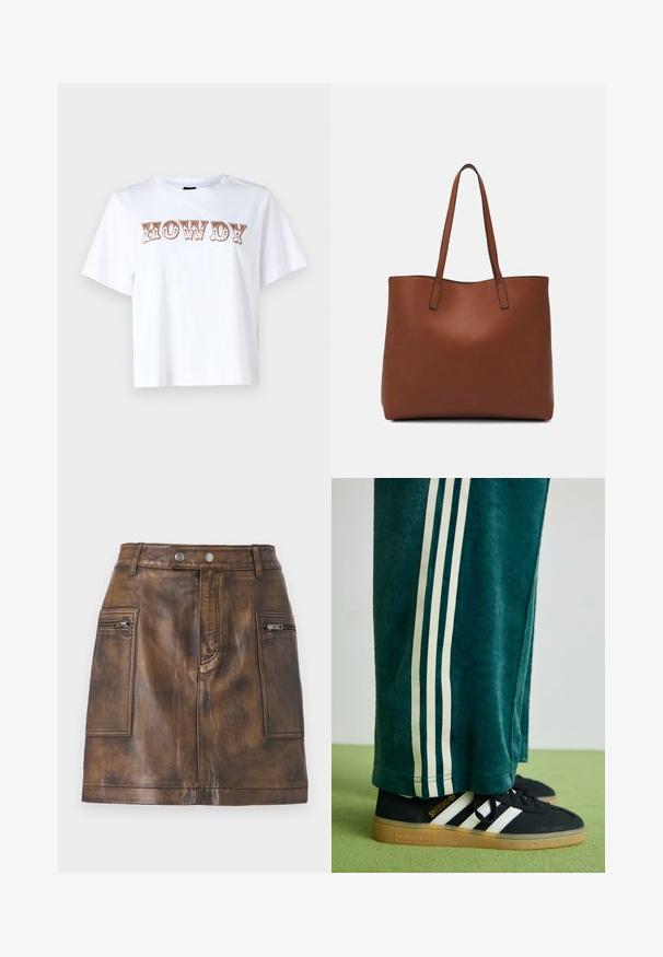 Fehér pamut póló rövid ujjakkal és kerek nyakú, elöl stilizált barna betűkkel írt "HOWDY" felirattal.; Barna bőr szoknya magas derékkal, elülső cipzáras zsebekkel és sima textúrával, amelyen finom árnyalatok váltakoznak a mélység érdekében.; Zöld textúrájú nadrágok fehér oldalsó csíkokkal, fekete Adidas sportcipővel párosítva, amely három fehér csíkkal és gumi talppal rendelkezik.; Barna bőr vászontáska sima textúrával, nyitott tetejű dizájnnal és két vállpánttal. Minimális varrással és látható hardver nélkül készült.