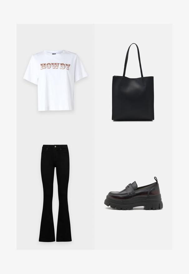 Λευκό βαμβακερό t-shirt με κοντά μανίκια και στρογγυλή λαιμόκοψη, με την επιγραφή "HOWDY" σε στυλιζαρισμένα καφέ γράμματα μπροστά.; Μαύρα ψηλόμεσσα τζιν παντελόνια με κούμπωμα και φερμουάρ, εμπρός τσέπες και καμπάνα, τοποθετημένα επίπεδα σε λευκό φόντο.; Buffalo ASPHA LOAFER - Παπούτσια χωρίς κορδόνια - black/red; Μαύρη δερμάτινη τσάντα tote με λείο υφή, ορθογώνιο σχήμα και δύο μακριές λαβές. Χωρίς ορατό υλικό ή διακοσμητικά στοιχεία.