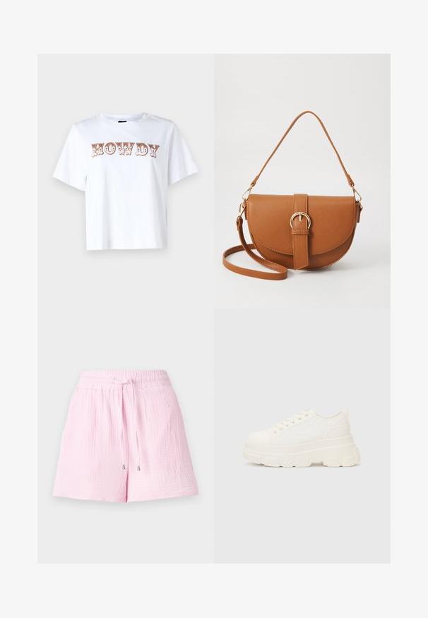 Balta medvilninė marškinėliai trumpomis rankovėmis ir apvaliu kaklu, kuriuose ant priekinės dalies stilizuotu rudu šriftu užrašyta "HOWDY".; Šviesiai rožiniai šortai, pagaminti iš tekstūruoto audinio. Turi elastingą juosmenį su raišteliu ir sidabriniais galiukais, skirtus komfortui.; Balti drobės sportbačiai su storu padu, apvalia nosimi ir penkiomis akytėmis raištams. Gale yra kilputė, kad būtų lengva užsidėti. Sklandus paviršius, minimalistinis dizainas.; Ruda odinė kryžminė rankinė, turinti kreivą formą, auksinius metalinius elementus ir sagtį. Yra nuimama petneša.