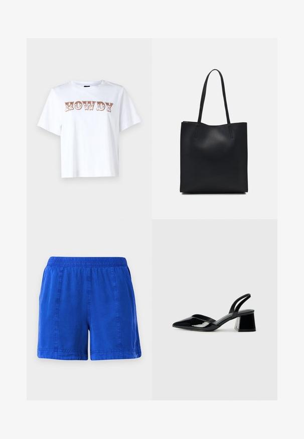 Biela bavlnená tričko s krátkymi rukávmi a okrúhlym výstrihom, s nápisom "HOWDY" v štýlovom hnedom písmene cez prednú stranu.; Modré bavlnené šortky s elastickým pásom, bočnými vreckami a prešitými švami, s hladkou textúrou a neformálnym dizajnom.; Čierne lakované kožené sandálové podpätky s špicatou špičkou a geometrickým blokovým podpätkom. Disponujú elegantným, minimalistickým dizajnom a hladkým povrchom.; Čierna kožená taška na rameno s hladkým povrchom, obdĺžnikovým tvarom a dvoma dlhými uchami. Bez viditeľného kovania alebo ozdôb.
