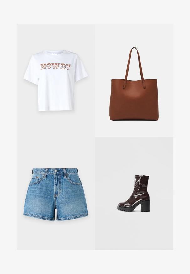 Fehér pamut póló rövid ujjakkal és kerek nyakú, elöl stilizált barna betűkkel írt "HOWDY" felirattal.; Világoskék mosott farmernadrág, magas derekú, klasszikus ötpocket kialakítással és kontrasztos varrással a részletes textúráért.; Fényes bordó bokacsizma vastag fekete sarokkal, sima felülettel és egyszerű dizájnnal. Nincsenek látható zárak vagy minták.; Barna bőr vászontáska sima textúrával, nyitott tetejű dizájnnal és két vállpánttal. Minimális varrással és látható hardver nélkül készült.