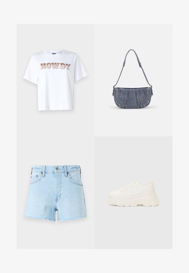 Fehér pamut póló rövid ujjakkal és kerek nyakú, elöl stilizált barna betűkkel írt "HOWDY" felirattal.; Világoskék farmer sort, rojtos szegéllyel, öt zsebből áll, gombzárral és varrott részletekkel az illesztéseknél.; Fehér vászon sportcipő vastag talppal, lekerekített orral és öt fűzőlyukkal. Hátulján egy fül a könnyű felvétel érdekében. Simára kidolgozott textúra, minimális dizájn.; Kék színű farmer válltáska plisszált dizájnnal, ezüst szegecsek a szélek mentén, texturált pánttal.