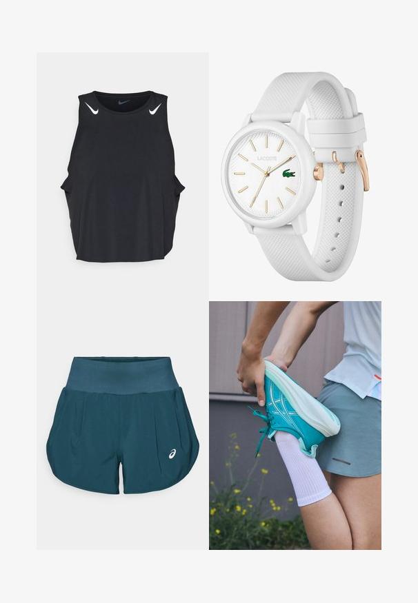 Tricou sportiv fără mâneci, de culoare neagră, cu decolteu rotund, fante pe laterale și logo-uri Nike swoosh albe pe umeri. Material fin, ușor.; ASICS ROAD SHORT - Pantaloni scurți sport - saxon green; Pantof ceva atletice de culoare turquoise cu o suprafață texturată, șireturi și talpă albă. Persoana care își întinde piciorul poartă o sosetă albă și pantaloni scurți atletici gri.; Ceas alb din silicon cu o curea texturată, având un cadran rotund, indicatoare aurii și un logo Lacoste verde.