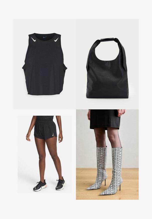 Mustaton hihaton urheilu-toppi, jossa on pyöristetty pääntie, sivusegmentit ja valkoiset Nike-swoosh-logot olkapäillä. Sujuva, kevyt kangas.; Mustat urheilushortsit, joissa on kiristetty vyötärönauha ja sivuhalkiot, valmistettu kevyestä materiaalista, yhdistetty mustiin juoksukenkiin, joissa on valkoinen swoosh.; Kiinaskorot nilkkureita, joissa on käärmeennahkakuosi, harmaavalkoinen tekstuuri, terävät kärjet ja sivuvetoketju.; Musta nahkainen hobo-laukku, jossa on yksi pehmeä, pyöreä kahva; ominaisuuksina sileä pinta ja minimalistinen muotoilu. Ei näkyvää metalliosaa tai koristeita.; Valkoinen silikoni kellossa, jossa on teksturoitu hihna, pyöreä kellotaulu, kultaiset merkit ja vihreä Lacoste-logo.; Hopehope hopeilla, joissa on minimalistinen muotoilu. Pyöreä muoto, sileä pinta ja ohut profiili. Kevyet ja kiillotetut.