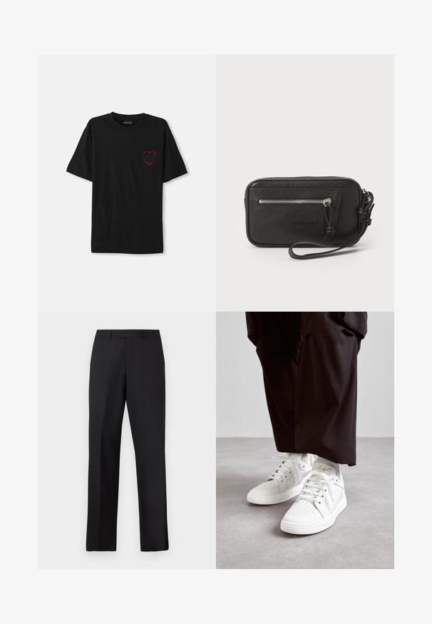 Black cotton t-shirt with short sleeves, featuring a red embroidered heart design on the left chest. Classic crew neckline, relaxed fit.; Black, straight-leg trousers made of smooth fabric. Features a standard waistband and no visible patterns or accents.; White high-top sneakers made of smooth leather feature perforated toe detail, flat white laces, and a subtle gold accent on the heel.; Black leather clutch with textured surface, front zip pocket, and detachable wrist strap. Features a logo patch on the front. Rectangular shape.