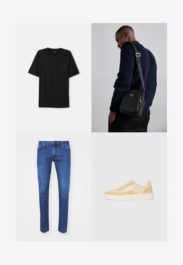 Fekete pamut póló rövid ujjakkal, bal mellején piros hímzett szívmintával. Klasszikus kerek nyak, laza szabású.; Kék farmernadrág egyenes szabással, gombos zárással, öt zsebbel és kontrasztos varrással. Az anyag közepes mosású, enyhe kopással.; Világos sárga velúr és bőr sportcipők, párnázott talppal és varrott részletekkel. Klasszikus fűzős kialakítás, lekerekített orral.; Fekete bőr keresztpántos táska cipzáras rekesszel, logó részlettel és márkázott állítható pánttal. Egy texturált tengerészkék pulóver mellett viselve.