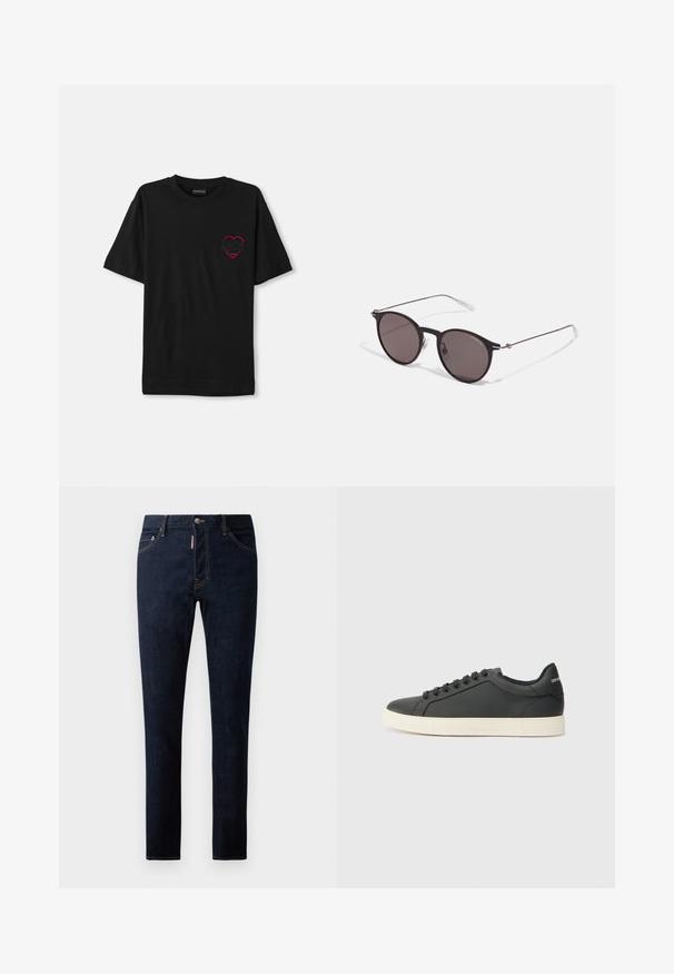 Juoda medvilnės marškinėliai trumpomis rankovėmis, su raudonu siuvinėjimu širdelės formos kairėje krūtinės pusėje. Klasikinis apvalus iškirpimas, laisvas modelis.; Tamsiai mėlyni džinsai su siauru siluetu, pasižymintys kontrastinga siuvimo linija, mygtuko užsegimu ir penkių kišenių dizainu. Lygus paviršius ir patvari medžiaga.; Juodos odinės sportinės bateliai su žemu profiliu, apvaliu pirštu ir raištelių uždarymu; turi tekstūruotą guminį padą ir logotipo detalę ant kulno.; Juodos apvalios saulės akinių su tamsiais lęšiais ir plonomis metalinėmis šakomis. Įtraukti skaidrūs šventyklų galai ir sidabriniai akcentai vyrio srityje. Minimalistinis dizainas.