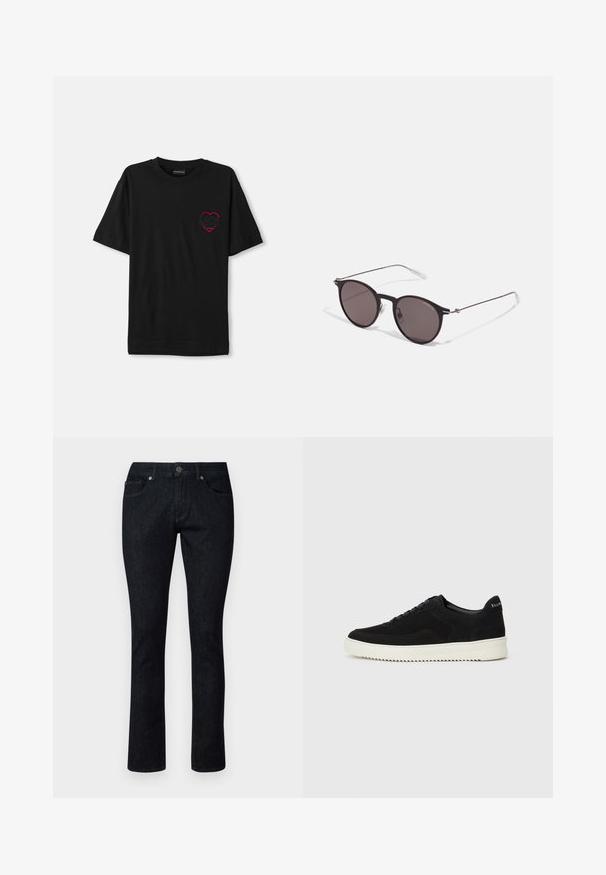 Črna bombažna majica s kratkimi rokavi, ki ima na levem prsnem delu rdečo vezeno srčno obliko. Klasičen kroj z okroglim izrezom, sproščenega kroja.; Temno modri kavbojki s ravnim krojem, ki vključujejo sprednje žepke, gumbno zapiranje in kontrastno šivanje. Brez vidnih vzorcev ali obrabe.; Črni semiš teniški copati z vezalkami in kontrastnim belim gumijastim podplatom. Imajo teksturirane stranske panele in subtilno oznako na peti.; Črne okrogla sončna očala s temnimi lečami in tankimi kovinskimi ročaji. Vključujejo prosojne konec ročajev in srebrne poudarke na tečaju. Minimalističen dizajn.