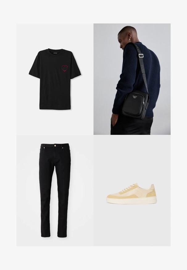 Juoda medvilnės marškinėliai trumpomis rankovėmis, su raudonu siuvinėjimu širdelės formos kairėje krūtinės pusėje. Klasikinis apvalus iškirpimas, laisvas modelis.; Juodi džinsai su lieknu siluetu, penkių kišenių dizainu ir auksinės spalvos sagtimi. Lygus paviršius su minimaliais nusidėvėjimo požymiais.; Šviesiai geltoni zomšiniai ir odiniai sportbačiai, turintys paminkštintą pado ir siuvinėtus akcentus. Klasikinis raištelių modelis su apvaliu pirštu.; Juodas odinis kryžiumi nešiojamas krepšys su užtraukiamu skyriumi, logotipo detale ir prekinio ženklo reguliuojama juosta. Dėvimas ant tekstūrinio tamsiai mėlyno megztinio.