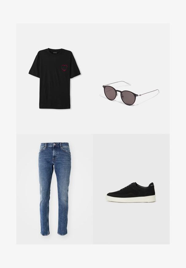 Črna bombažna majica s kratkimi rokavi, ki ima na levem prsnem delu rdečo vezeno srčno obliko. Klasičen kroj z okroglim izrezom, sproščenega kroja.; Temno modri kavbojki s ravnim krojem, blago zbledelim detajlom, petim žepom in srebrnimi dodatki na pasu.; Črni semiš teniški copati z vezalkami in kontrastnim belim gumijastim podplatom. Imajo teksturirane stranske panele in subtilno oznako na peti.; Črne okrogla sončna očala s temnimi lečami in tankimi kovinskimi ročaji. Vključujejo prosojne konec ročajev in srebrne poudarke na tečaju. Minimalističen dizajn.