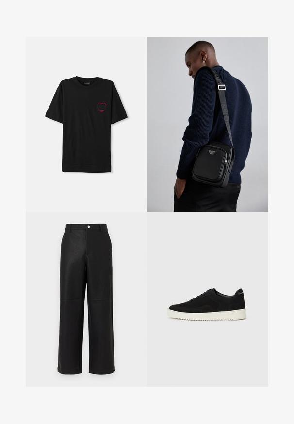 Must t-särk lühikeste varrukatega, musta värvi, vasakul rinnal punase tikandiga südamekujuga. Klassikaline ümar kaelus, lõdvestunud lõige.; Mustmust nahkählae laiad püksid, millel on peene tekstuuriga viimistlus. Omavad esi taskuid ja siledat vööd, millel on nupukinnitus.; Mustad suede jooksujalatsid, millel on paelad ja kontrastne valge kummitald. Omab tekstuuriga külgpaneele ja tagasihoidlikku brändimist kandadel.; Must mustast nahkrist kotti, millel on lukkudega sektsioon, logo detail ja bränditud reguleeritav rihm. Kanda tekstuurse tumesinise sviitri vastu.