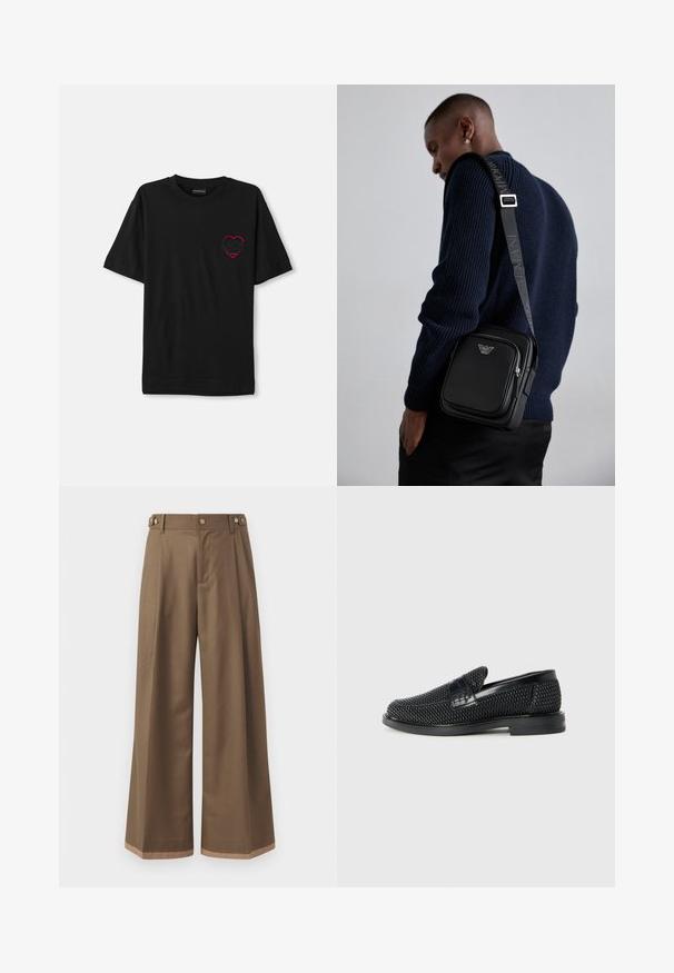 Sort bomulds T-shirt med korte ærmer, med et rødt broderet hjerte-design på venstre bryst. Klassisk rund halsudskæring, afslappet pasform.; Bredde ben bukser i et mørkebrunt stof, der har to sidelommer, to dekorative forreste knapper og en kontrast kant.; Sort vævet slip-on sko med en glat læderdetalje på overdelen, en rund tådesign og en lavprofil gummisål.; Sort læder crossbody taske med en lynlåslomme, logodetalje og en justerbar rem med brandnavn. Båret over en tekstureret marineblå sweater.