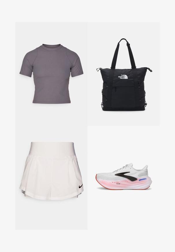 Kratka piedurkņu augsta kakla blūze riboto pelēko audumu. Pieguļošs dizains ar plakaniem šuvēm un gludu tekstūru. Nav rakstu vai grafikas.; Nike Performance SHORT - Sporta šorti - white/black; Skriešanas apavi ar baltu sietu augšdaļu, melnu sānu akcentu, rozā un baltu zoli un sarkanu profilu. Ietver mīkstinātu apkakli un sarežģītas tekstūras.; Melna somiņa ar mīkstu dizainu, augšējo rāvējslēdzēja aizdari, divām īsām siksnām un logotipu priekšpusē; satur sānu kabatas un regulējamas siksnas.