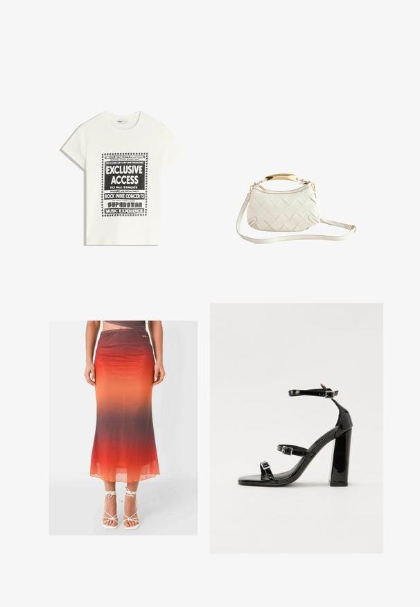 Witte t-shirt met zwarte tekst ter promotie van een muziek evenement, met de opschriften "Exclusieve Toegang," "Rock Indie Concerten," en "Superster Muziekervaring."; Lange, aansluitende rok in een verloop van oranje naar rood, gemaakt van een lichte, doorzichtige stof. Gedetailleerd met een klein logo op de tailleband.; Zwarte gepatenteerde sandalen met hak en een vierkante neus, enkelbandjes en zilveren gespen. Heeft een stevige blokhak voor stabiliteit.; Witte geweven leren handtas met een gouden handvat, afneembare schouderband en ronde bodem. Voorzien van een ritssluiting aan de bovenkant.