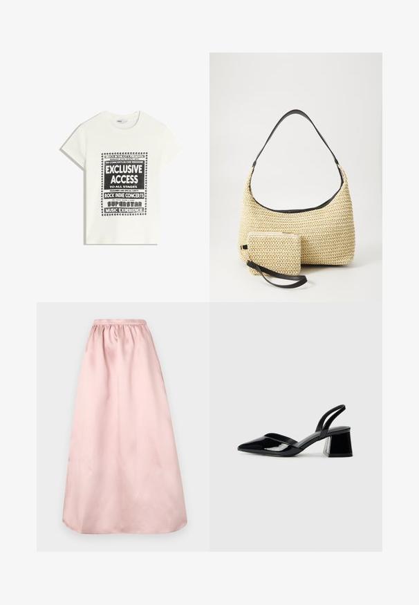 Bela majica s črnim napisom, ki promovira glasbeni dogodek, z besedami "Ekskluziven dostop," "Rock Indie koncerti" in "Superzvezdniška glasbena izkušnja."; Roza, dolga A-linija krila iz gladkega satena. Ima nabrano pasnico za sproščen fit in brezšivni rob.; Črne lakirane slingback pete s koničastim nosom in geometrijsko blokasto peto. Imajo eleganten, minimalističen dizajn in gladko teksturo.; Tkana torbica iz slame s zakrivljenim siluetom, ki vključuje gladek črn usnjen trak in usklajen majhen žep, pritrjen z ročajem za zapestje.
