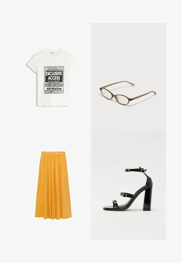 Maglietta bianca con testo nero che promuove un evento musicale, con le scritte "Accesso Esclusivo", "Concerti Rock Indie" e "Esperienza Musicale da Superstar".; Gonna midi giallo senape, realizzata in tessuto leggero, presenta una vita arricciata e una silhouette fluida con una texture liscia e una leggera lucentezza.; Sandali con tacco in vernice nera, con punta squadrata, cinturini alla caviglia e fibbie in argento. Presentano un tacco a blocco spesso per maggiore stabilità.; Occhiali tortoiseshell marroni con lenti ovali, aste sottili e dettagli trasparenti. Presentano un logo sottile sulla tempia. Design elegante e leggero.