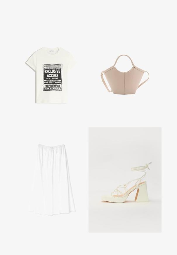 Biała koszulka z czarnym napisem promującym wydarzenie muzyczne, z hasłami "Ekskluzywny Dostęp", "Koncesje Rock Indie" i "Superstar Music Experience."; Biała spódnica do kostek wykonana z lekkiego materiału; posiada elastyczny pas i delikatny kwiatowy wzór na całej powierzchni.; Biała sandał na wysokim obcasie z masywnym słupkiem, z paskowym wzorem i wiązaniem przy kostce. Gładka faktura z platformą z przodu dla dodatkowej wysokości.; Beżowa skórzana torebka o unikalnym kształcie, z dwoma krótkimi uchwytami i długim, regulowanym paskiem. Gładka tekstura z minimalną ilością elementów metalowych.