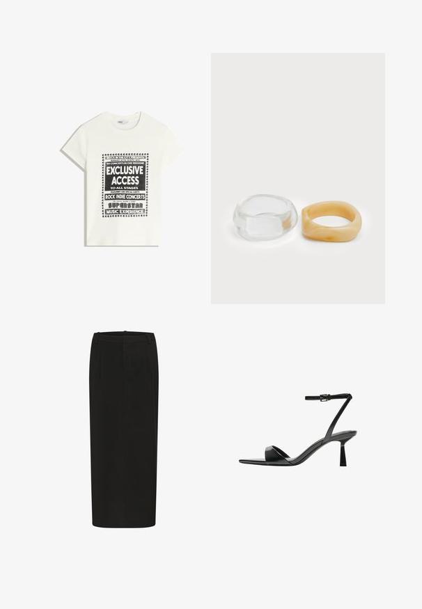 T-shirt blanche avec du texte noir promouvant un événement musical, comportant "Accès Exclusif", "Concerts Rock Indie" et "Expérience Musicale Superstar."; Jupe crayon noire avec une silhouette droite, en tissu uni, dotée de plis sur le devant et d'une taille basse. Pas de fermetures visibles.; Bershka Sandales à talons hauts - black; Bagues en résine claire et ambre, l'une lisse et transparente, l'autre avec une finition texturée en ambre. Les deux présentent des designs arrondis et épais.