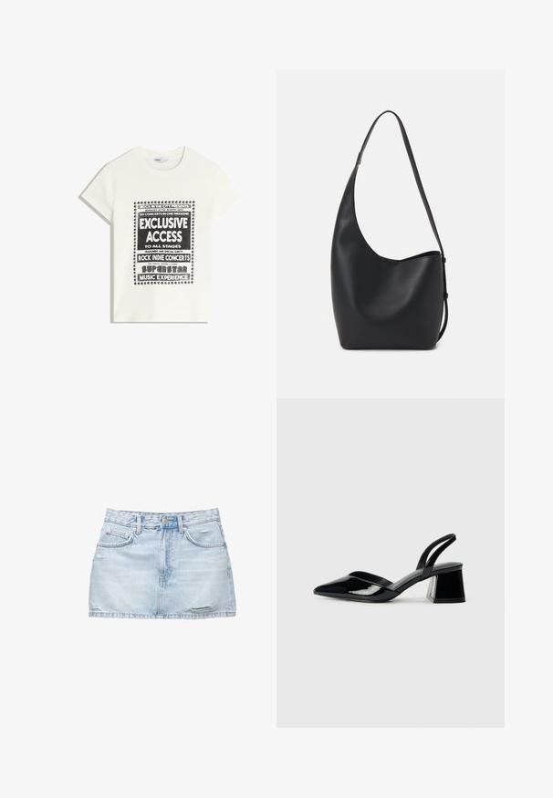 Maglietta bianca con testo nero che promuove un evento musicale, con le scritte "Accesso Esclusivo", "Concerti Rock Indie" e "Esperienza Musicale da Superstar".; Mini gonna in denim blu chiaro con orlo sfilacciato, due tasche anteriori e chiusura con un solo bottone. Presenta leggere usure per un effetto vissuto.; Décolleté in vernice nera con punta affusolata e tacco in geometria cubica. Presentano un design elegante e minimalista, con una texture liscia.; Borsa hobo nera in pelle con una superficie liscia, forma curvata e una singola tracolla regolabile; presenta un'ampia apertura nella parte superiore.