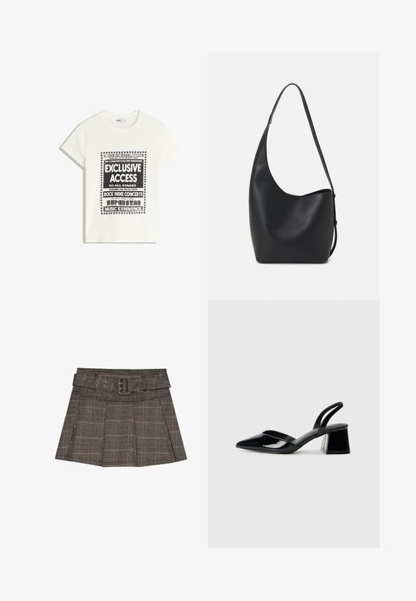 Hvid T-shirt med sort tekst, der promoverer et musikarrangement, med teksten "Eksklusiv Adgang," "Rock Indie Koncerter," og "Superstar Musikoplevelse."; Rutet mini nederdel i sort, brun og beige. Har en bælteforstærket talje, plisseringer og et struktureret stof med et geometrisk mønster.; Sorte patentlæder slingback hæle med spids tå og en geometrisk blok hæl. Har et elegant, minimalistisk design og en glat tekstur.; Sort læder hobo taske med en glat overflade, buet form og en enkelt justerbar rem; har en bred åbning øverst.