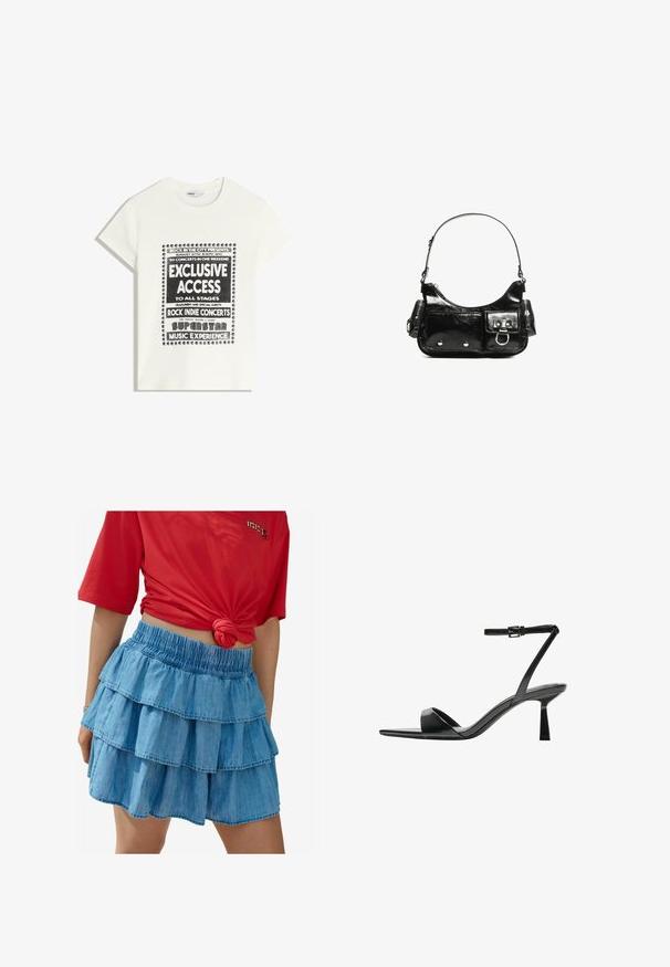 Witte t-shirt met zwarte tekst ter promotie van een muziek evenement, met de opschriften "Exclusieve Toegang," "Rock Indie Concerten," en "Superster Muziekervaring."; Lichtblauwe denimrok met drie gelaagde ruffles, met een elastische tailleband en een gladde textuur. Gecombineerd met een rood shirt met korte mouwen.; Bershka Sandalen met hoge hak - black; Zwarte laarzen in lakleer met een gebogen vorm, één schouderband, voorvakken en accenten in zilverkleurig metaal.