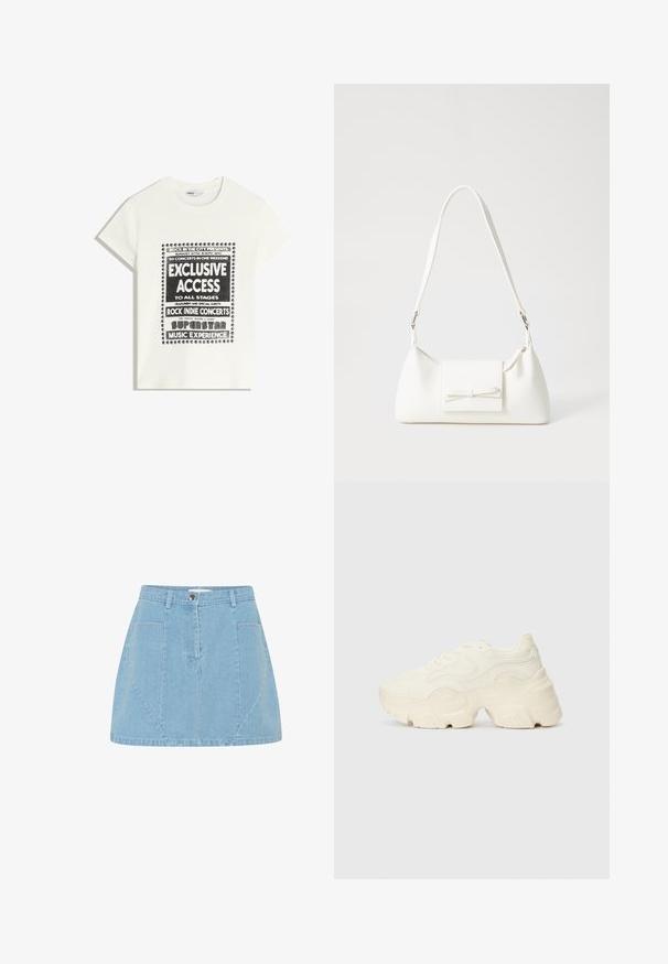 Bijela majica s crnim natpisom koja promiče glazbeni događaj, s natpisima "Ekskluzivni Pristup", "Rock Indie Koncerti" i "Superstar Glazbeno Iskustvo."; Svijetloplava traper suknja s visokim strukom, prednjim džepovima i suptilnim detaljima na panelima, sa srebrnim dugmetom za zatvaranje.; Masivne bijele tenisice od teksturirane mreže i sintetičkih materijala, sa debelim potplatom i složenim uzorcima duž strana.; Bijela sintetička torbica s trokutastim oblikom, ravnim prednjim poklopcem i detaljem u obliku mašne, podesivom remenom, glatkom teksturom i minimalističkim dizajnom.