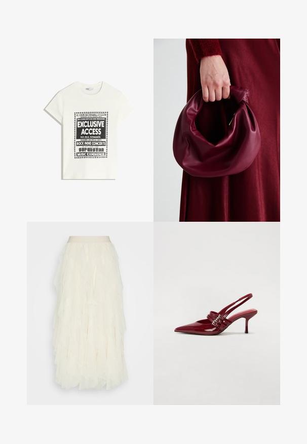 T-shirt blanche avec du texte noir promouvant un événement musical, comportant "Accès Exclusif", "Concerts Rock Indie" et "Expérience Musicale Superstar."; Jupe en tulle crème avec des volants superposés. Présente une taille lisse et une finition texturée et transparente. Tombe à mi-mollet.; Escarpins slingback en cuir verni rouge avec un bout pointu, deux brides à boucle et un talon aiguette slim de hauteur intermédiaire. Texture lisse.; Sac à main en cuir bordeaux au design doux et froncé, avec une forme arrondie. La poignée est fixée, mettant en valeur une texture lisse.