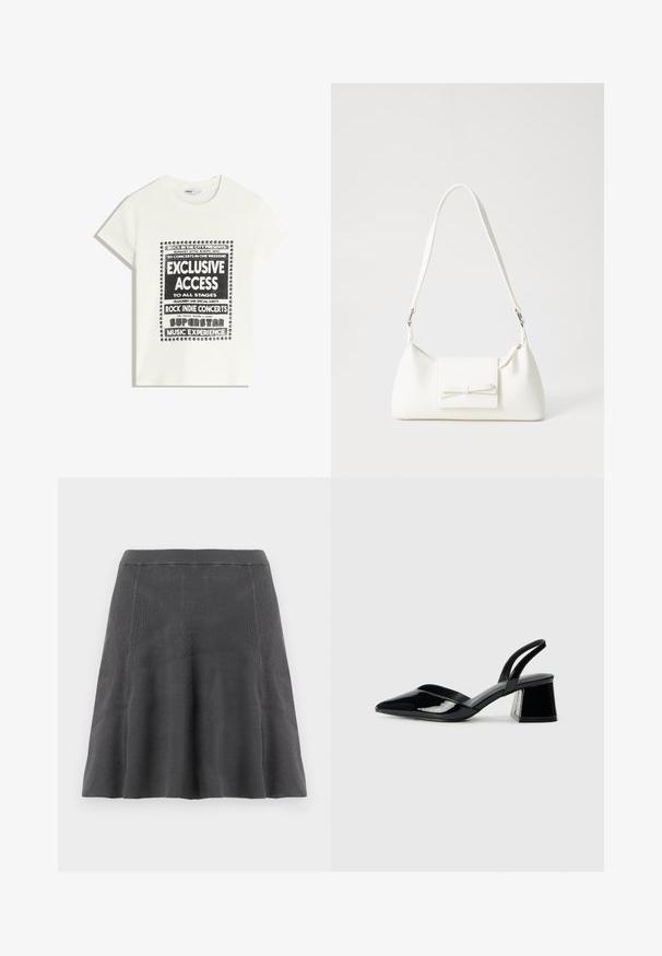 White t-shirt with black text promoting a music event, featuring "Exclusive Access," "Rock Indie Concerts," and "Superstar Music Experience."; Gray knit a-line skirt features a ribbed texture, a fitted waistband, and flared hem, offering a smooth silhouette and casual design.; Black patent leather slingback heels with a pointed toe and a geometric block heel. Features a sleek, minimal design and smooth texture.; White synthetic handbag with a triangular shape, flat front flap and bow detail, adjustable strap, smooth texture, and minimalistic design.
