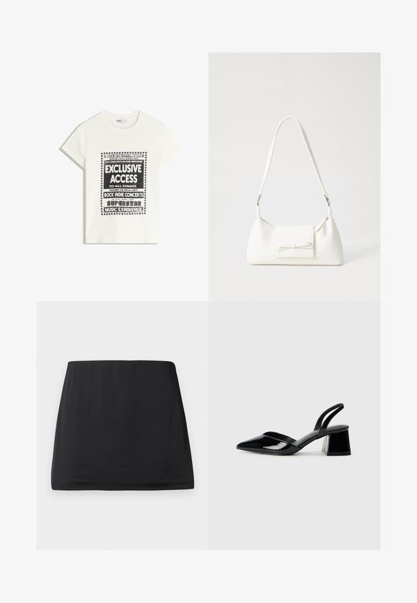 T-shirt blanche avec du texte noir promouvant un événement musical, comportant "Accès Exclusif", "Concerts Rock Indie" et "Expérience Musicale Superstar."; Mini-jupe noire en tissu lisse et extensible. Elle présente une taille élastique et un design simple et épuré. Pas de motifs ni d'ornements.; Escarpins en cuir verni noir avec bout pointu et talon bloc géométrique. Présente un design élégant et minimaliste ainsi qu'une texture lisse.; Sac à main synthétique blanc en forme triangulaire, avec un rabat avant plat et un détail en nœud, une bandoulière ajustable, une texture lisse et un design minimaliste.