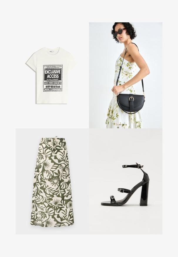 Tricou alb cu text negru care promovează un eveniment muzical, având inscripțiile "Acces Exclusiv", "Concerte Rock Indie" și "Experiența Muzicală a Superstarurilor".; Fustă lungă din material, cu un model floral verde și crem, având un braț de strângere și un finisaj moale și texturat.; Sandale cu toc din patent negru, cu vârf pătrat, curele la gleznă și catarame din argint. Dispune de un toc gros pentru stabilitate.; Geantă din piele neagră, cu o formă curbată, curea detașabilă și accesorii aurii. Geanta are un capac cu un detaliu tip cataramă.