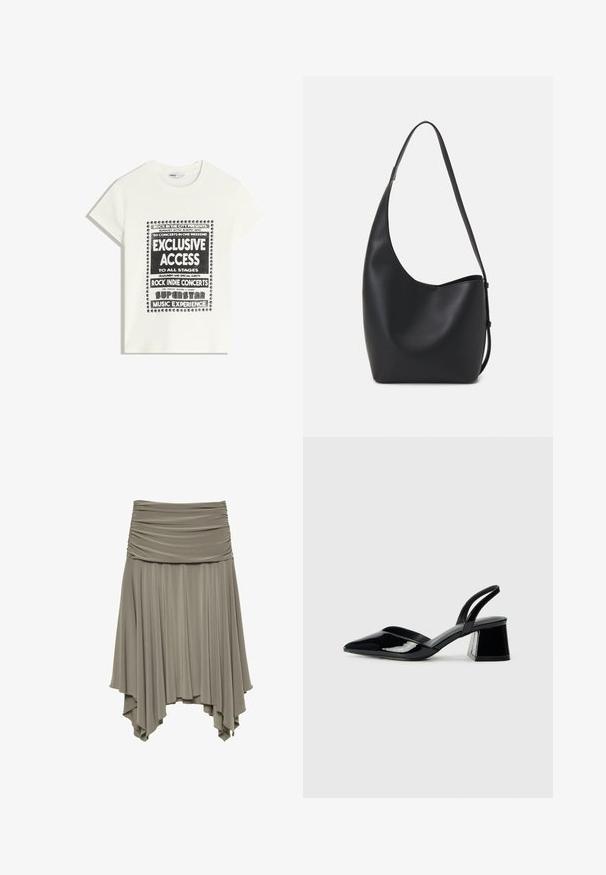 Witte t-shirt met zwarte tekst ter promotie van een muziek evenement, met de opschriften "Exclusieve Toegang," "Rock Indie Concerten," en "Superster Muziekervaring."; Geraffineerde, asymmetrische rok van zacht grijs materiaal. Kenmerkt zich door een gathered tailleband en een vloeiende, gedrapeerde zoom met een unieke silhouet.; Zwarte gepatineerde leren slingback hakken met een spitse neus en een geometrische blokhak. Kenmerkt zich door een slank, minimalistisch ontwerp en een gladde textuur.; Zwarte leren hobo tas met een gladde textuur, kromme vorm en een enkele verstelbare schouderband; heeft een brede opening aan de bovenkant.