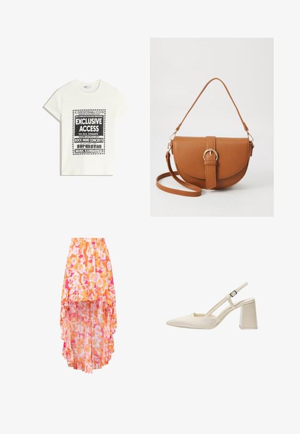 Witte t-shirt met zwarte tekst ter promotie van een muziek evenement, met de opschriften "Exclusieve Toegang," "Rock Indie Concerten," en "Superster Muziekervaring."; Hoge-lage bloemenrok met een elastische tailleband. Verfügt over oranje en roze tinten, een gerimpelde zoom en een lichtgewicht, sheer stof.; Beige slingback schoenen met een puntige neus, glanzende lakafwerking, middelhoge blokhak en verstelbare band. Minimalistisch ontwerp met open zijkanten.; Bruine leren schoudertas met een gebogen vorm, gouden hardware en een gespaccent. Bevat een afneembare schouderriem.
